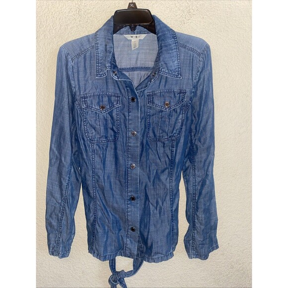WHBM Women Denim Boyfriend Snap Long Sleeve Shirt Roll Tab M Tie Back Western - Picture 1 of 11